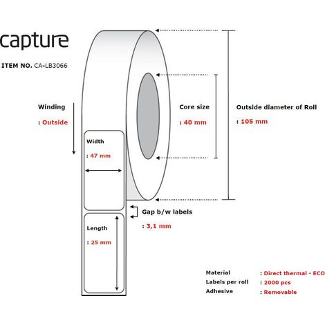 Etiqueta de captura 47x25, núcleo 40, CA-LB3066