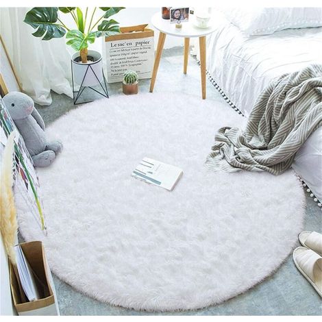 DPZO Tapis Rond, à Poils Longs, 120cm X 120cm, Moderne, pour Salon, Chambre à Coucher, Salle à Manger ou Chambre d'enfant, Tapis de Sol Shaggy Confortable Moquette Anti-dérapage, Blanc 120cm X 120cm