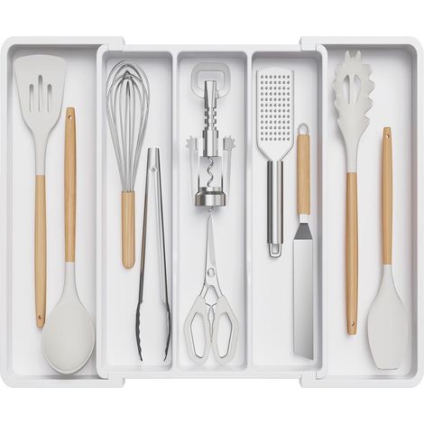 Lifewit Range Ustensiles pour Cuisine, Rangement Couverts, Organisateur de Tiroir, Support pour l'Argenterie, Couteaux et Outils, 38 cm de Profondeur, Extensible Jusqu'à 57 cm, Lot de 1, Blanc (1/5)