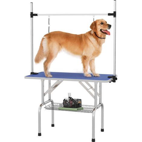 PawHut Metal Adjustable Dog Grooming Table Rubber Top 2 Safety Slings Mesh Blue