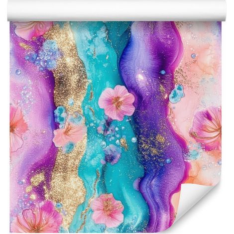 Papel pintado en tonos violeta tinta, turquesa y rosa empolvado para salón y dormitorio, 50x1000 mm. (1/5)