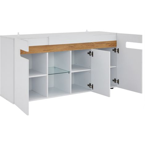 Buffet moderne 3 portes avec contrôle LED, meuble de salon avec commande via application, 140 x 40 x 70 cm, meuble de séjour haute brillance, blanc avec fond en verre, meuble de rangement (1/5)