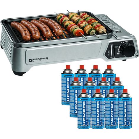 Kemper – Barbecue à gaz 1900W – Brûleur inox 1 feu – Grille anti-adhésive – 12 cartouches butane – Sac de transport inclus