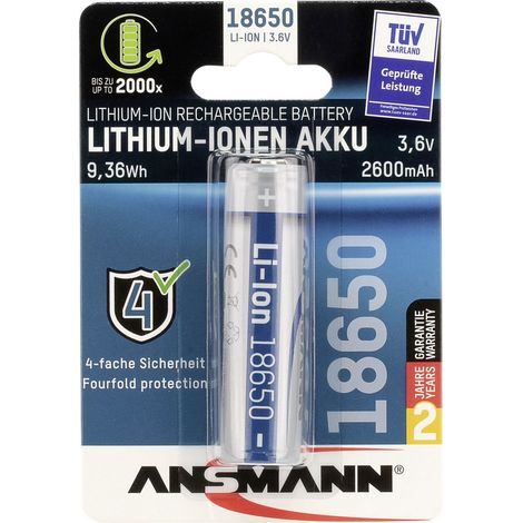 ANSMANN 18650 Li-Ion Akku (3.6V, 2600 mAh) mit Safetyboard, Taschenlampe etc.