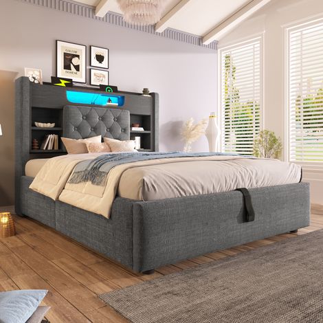 Cama con almacenaje 90x200 cm con LED, USB/USB-C, cabecero con baldas, gris OKMYHOME (1/5)