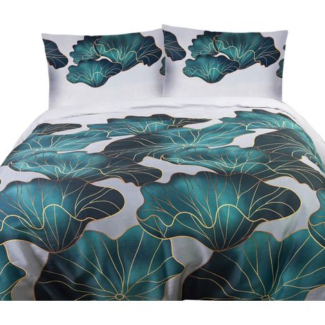 Bettwäsche-Set 140x200 Satin 100% Baumwolle große Blätter grün (1/5)