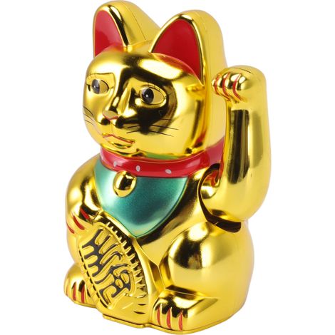 Chat porte-bonheur à piles, chat de bienvenue, chat de richesse, chat agitant la main, pour hôtels et restaurants, 15 cm, doré brillant, référence 0256A