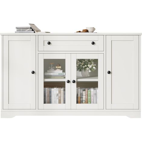 Buffet blanc moderne 4 portes avec 2 portes vitrées, 1 tiroir et 6 compartiments réglables, meuble de rangement pour salon, entrée ou salle à manger - CHICFURN (1/5)