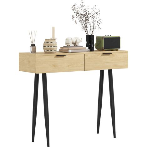 Console style nordique 2 tiroirs métal noir effet bois clair (1/5)