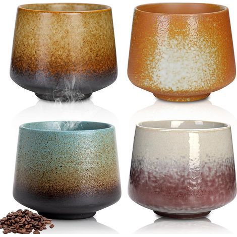 Set aus 4 handgefertigten, dickwandigen Retro-Espressotassen aus Keramik, 190 ml, für Espresso, Mokka, Macchiato, Tee (ölbasierte Keramik) (1/5)