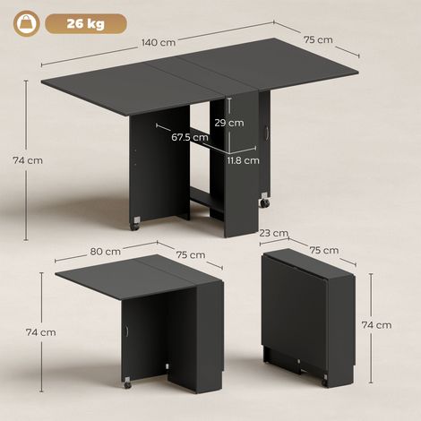 Table pliante en bois (4 à 6 personnes, sur roulettes), 75 x 140 x 74 cm, noire (1/5)