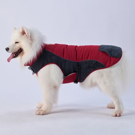 Winterkühlung ist ein Muss, diese wattierte Baumwolljacke ist leicht an- und auszuziehen, warm und kältebeständig, ein roter lässiger Wintermantel für Hunde, Größe XL. (1/3)