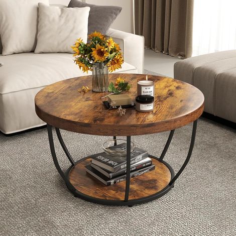 Goplus – Table basse ronde 80 cm – 2 niveaux avec rangement – Métal et bois – Style industriel – Pieds réglables pour sols irréguliers (1/5)