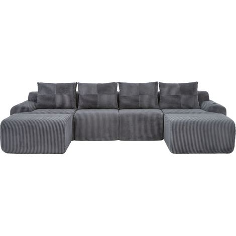 Divano modulare 4 posti in corduroy grigio scuro con 2 pouf, portabicchiere e tasca laterale (1/5)