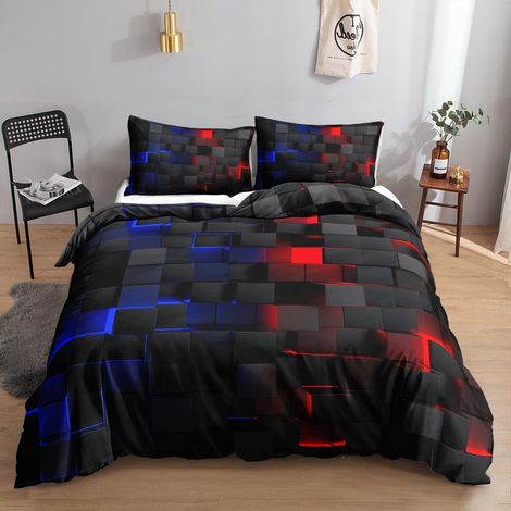 Bettwäsche-Set 155x220 cm 3D Würfelmuster Schwarz Rot Blau Mikrofaser mit Reißverschluss