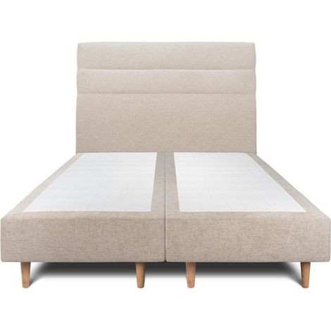 Lit 180x200cm avec tête de lit lignes tissu et double sommier tapissier beige brun - Hauteur totale : 35cm (1/5)