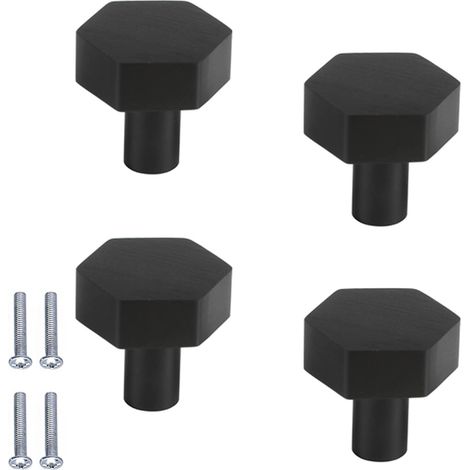 Lot de 4 poignées de porte hexagonales, boutons de meuble, poignées de tiroir en alliage d'aluminium noir, solides, à un seul trou, petites, pour commode et meuble. (1/5)