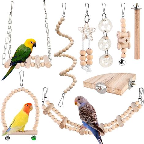Lot de 9 Jouets pour Oiseaux - Bascule, Cage, Accessoire à Mâcher, Plateforme en Bois pour Perruches, Calopsittes, Aras, Pinsons (1/5)