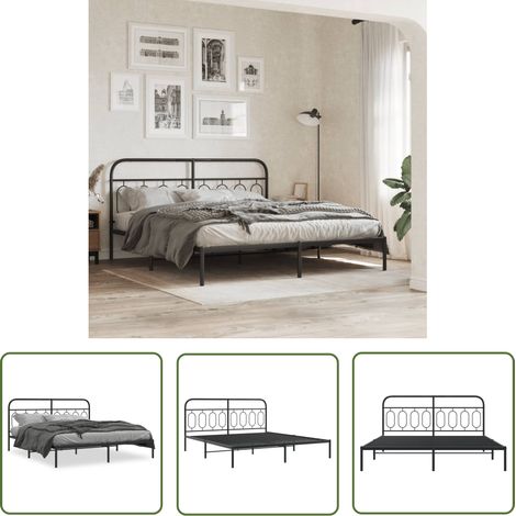 The Living Store Cadre de lit métal sans matelas avec tête de lit noir 193x203cm - Cadre De Lit - Lit Double - Lit Metal - Lit Avec Têtedé Lit - Meuble Chambre (1/5)