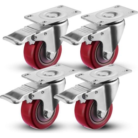 Set of 4 Swivel Casters for Furniture, Casters with Brakes, 75 mm, Red (1/5)