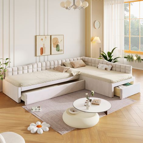 Lit d'angle capitonné 90x200 cm avec tiroirs et lit escamotable, housse en velours moelleux, teinte BEIGE (1/5)