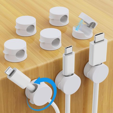8 Pièces Clips Câble, Organisateur Câble Magnetique, Clips Rangement de Câble avec Auto-adhésifs Réglables et Rotatifs à 360°, pour HDMI, Téléphone, USB, Maison et Bureau, Blanc (1/4)