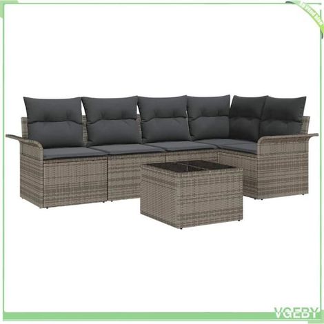 Ensemble canapé de jardin 6 pcs - FAFEICY - Modulaire - Gris - Poly rotin - Rangement intégré (1/5)