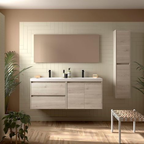 Meubles de salle de bain NOJA 1400 2 portes et 2 tiroirs NATUREL + lavabo + miroir (1/2)