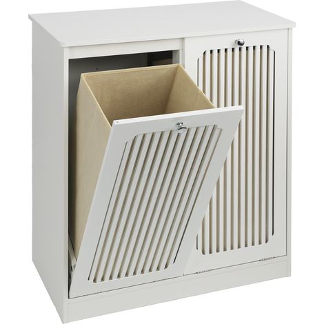 Mueble cesto para ropa autoportante blanco con frontal de lamas y dos compartimentos (1/5)