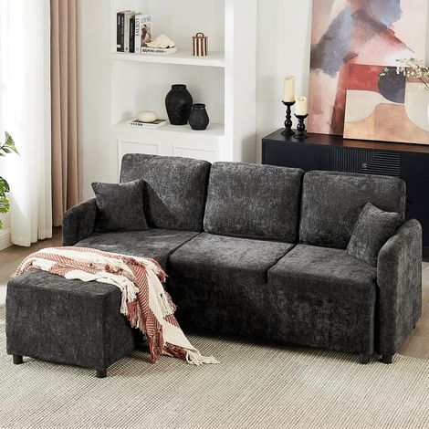 Canapé d'angle 187,5x144x85,5 cm en chenille noire, gain de place pour salon FloraGrace (1/5)