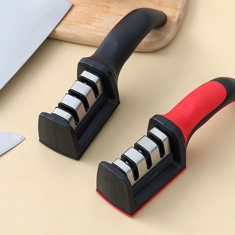 Rasoir de cuisine manuel ergonomique à trois étapes, affûteur de couteaux ménager, outil d'affûtage de couteaux de cuisine, rouge. (1/5)