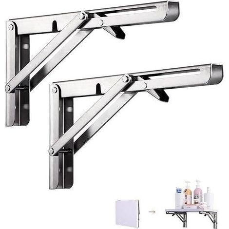 2 Pièces 250mm Équerre Pliante Étagère, Support Console Pliable En Acier Inoxydable Argent, Lourds Support Console Pliable Rétractable, Pour Garage, Cuisine, Chambre (1/5)