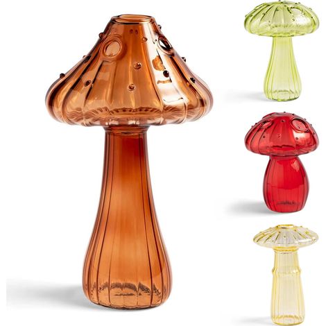 Vase Champignon - Verre Trempé Épais - Décoration Intérieure Maison Bureau Balcon - 1 Pièce - 12 x 9 cm - Brun Vert Rouge Jaune (1/5)