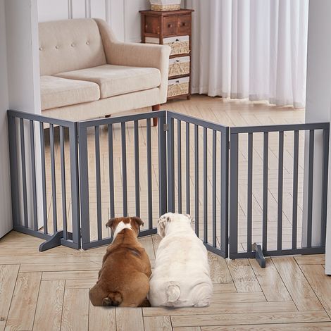 Foldable Wood Pet Free Standing Indoor Gate, Grey 4 Panels