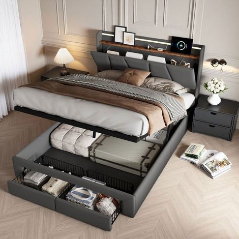 Cama doble - 140x200 lino gris oscuro capitoné - Cofre de cabeza hidráulico - LED 7 colores + USB Tipo A/C - 2 cajones rodantes
