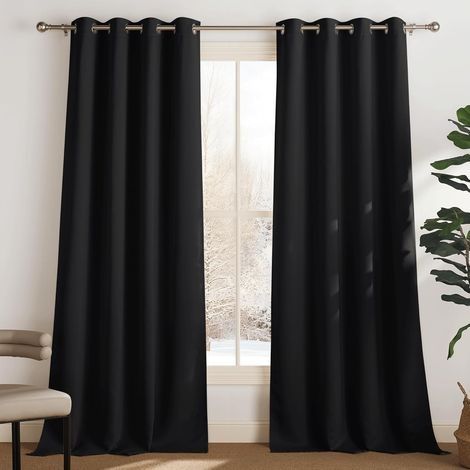 Lot de 2 Rideau Occultant Thermique Isolant Anti Froid et Chaleur 132x92 (lxH) Tenture Opaque à Oeillets Isolation Lumiere Uv Decoration Chambre Maison Salon Intérieurs, Noir (1/5)