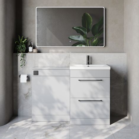 Napoli 390 Cento Gloss Grey Pearl 1200mm 2 Drawer Vanity Unit Toilet Suite with Glide Basin - 1200mm - Matt Black 320mm HandleWithout Kingston Toilet Pan