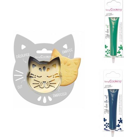 Kit pour biscuit en relief Chat + 2 Stylos au chocolat vert et bleu nuit