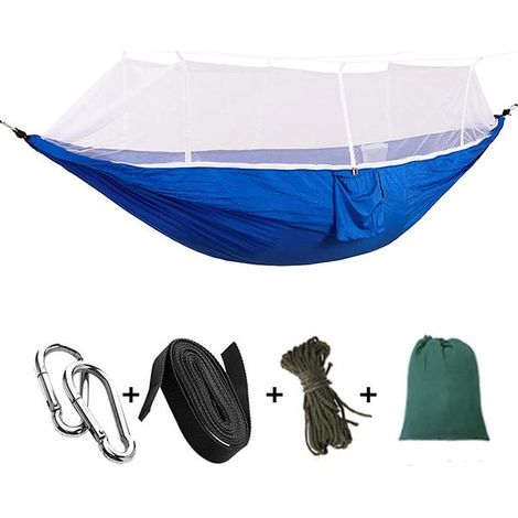 Tragbare Outdoor-Hängematte mit Moskitonetz, leichte Doppel-/Einzel-Reisehängematte, Camping-Hängematte 260 x 140 cm, Blau
