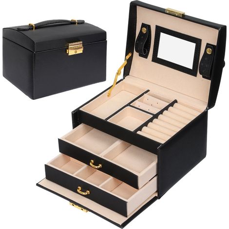 Boîte à Bijoux, Coffret pour Bijoux Boîte à Maquillage Bijoux et cosmétique Beauty Case à 3 Couches en Simili Cuir avec 2 Tiroirs, Miroir et Serrure 17.5x14x13cm (noir) (1/2)
