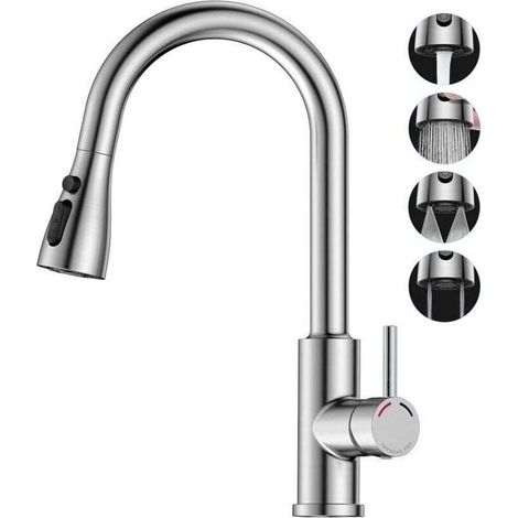 Robinet Cuisine avec Douchette Extensible Mitigeur - PRO Rabattable Mitigeur Robinet Evier de Cuisine avec 4 Douchette Modes, 360° d\'É (1/4)