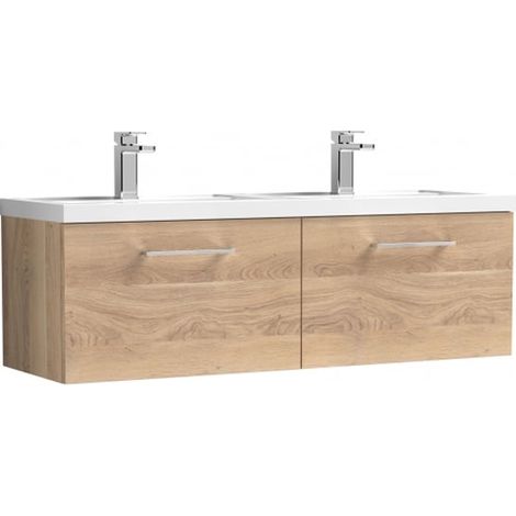 Nuie Arno Bleached Oak Woodgrain 1200mm Wall Hung 2 Drawer Vanity Unit and Double Polymarble Basins - ARN3022C (1/5)