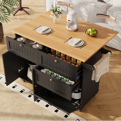 MEUBLIV Îlot de cuisine 133x70x88 cm noir – rangement modulable et roulettes