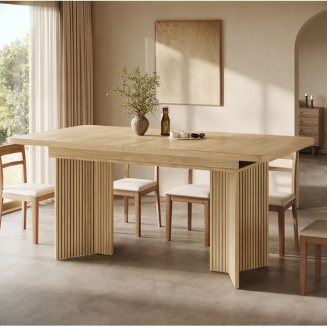 Mesa de comedor extensible 120-160 cm, MDF y metal, roble claro/nogal, OKWISH (1/5)