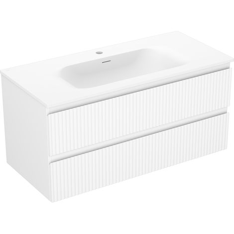 Mexen Rivel meuble de salle de bains 100 cm avec lavabo Vela, 2 tiroirs, rainuré, blanc mat - 91A20-10047-2-BFF01-W23M01 (1/5)