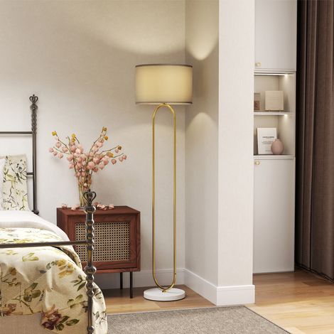 Dorée - Lampe sur pied avec abat-jour en tissu, grande base et double tube métallique, lampadaire avec pédale pour la chambre et le salon
