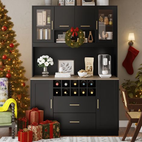 Buffet, meuble de rangement, meuble de cuisine, 120 x 36,3 x 180 cm, avec éclairage LED et prise électrique, six portes, deux grands tiroirs, noir et blanc (1/5)