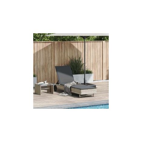 Chaise longue avec roues et coussins gris clair résine tressée (1/5)