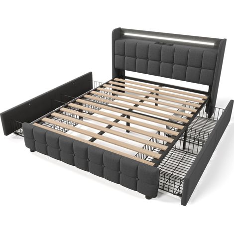 Letto matrimoniale imbottito 160 x 200 cm con 4 cassetti, LED e porte USB, grigio (1/5)