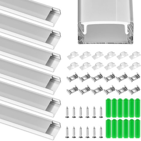 6 Pièces 1M Profilé Aluminium LED Forme en U, Profile Ruban LED avec Diffuseur Blanc Laiteux, pour Éclairage de Cuisine, Armoire, Vitrine (1/5)